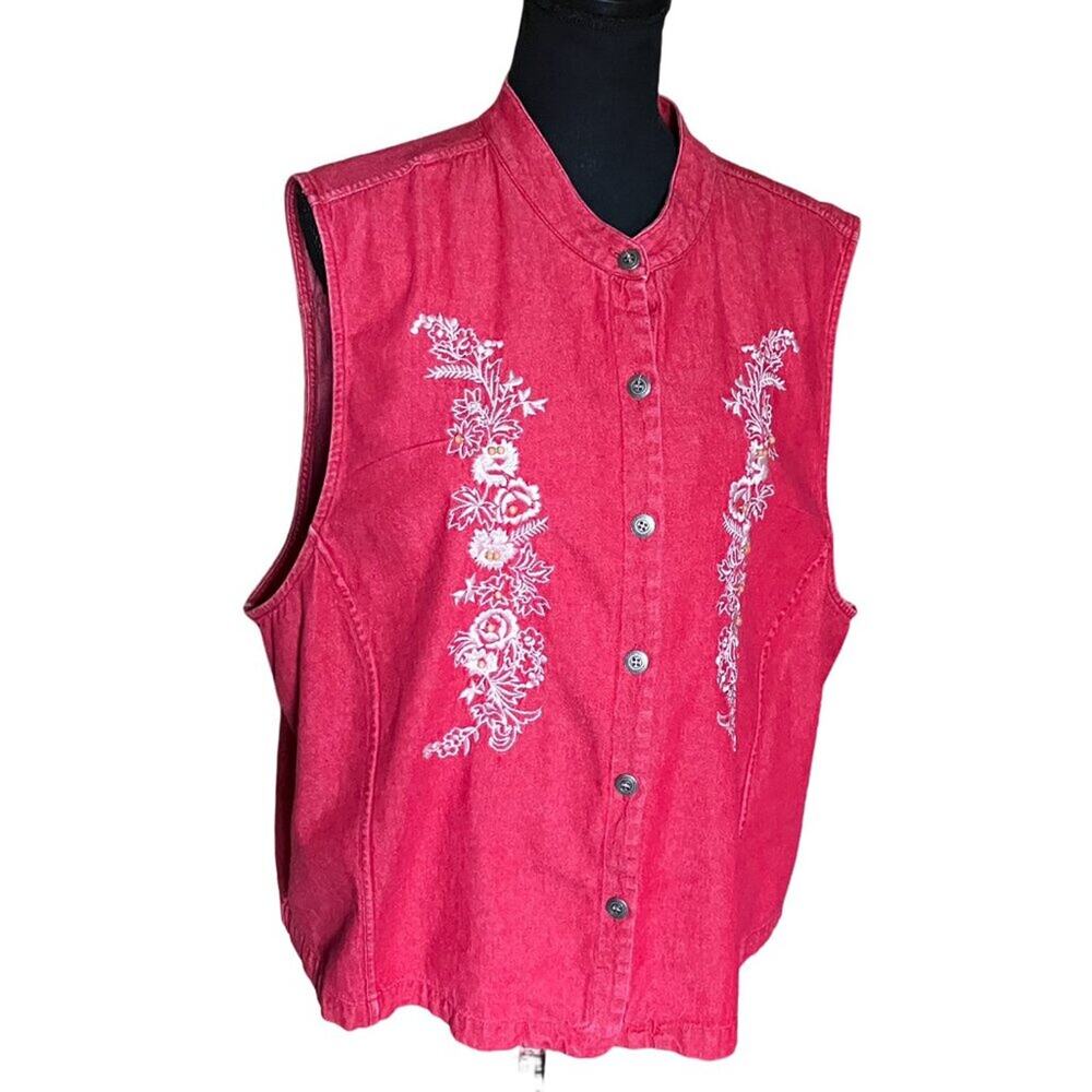 Susan Bristol CutOut Vest Jacket 2W Red Denim Embroidered and Beaded